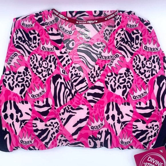 Scrub Top NWT Womens Divine Stretch By JDM Pink Cheetah Print Scrub Top Shirt - Picture 1 of 4